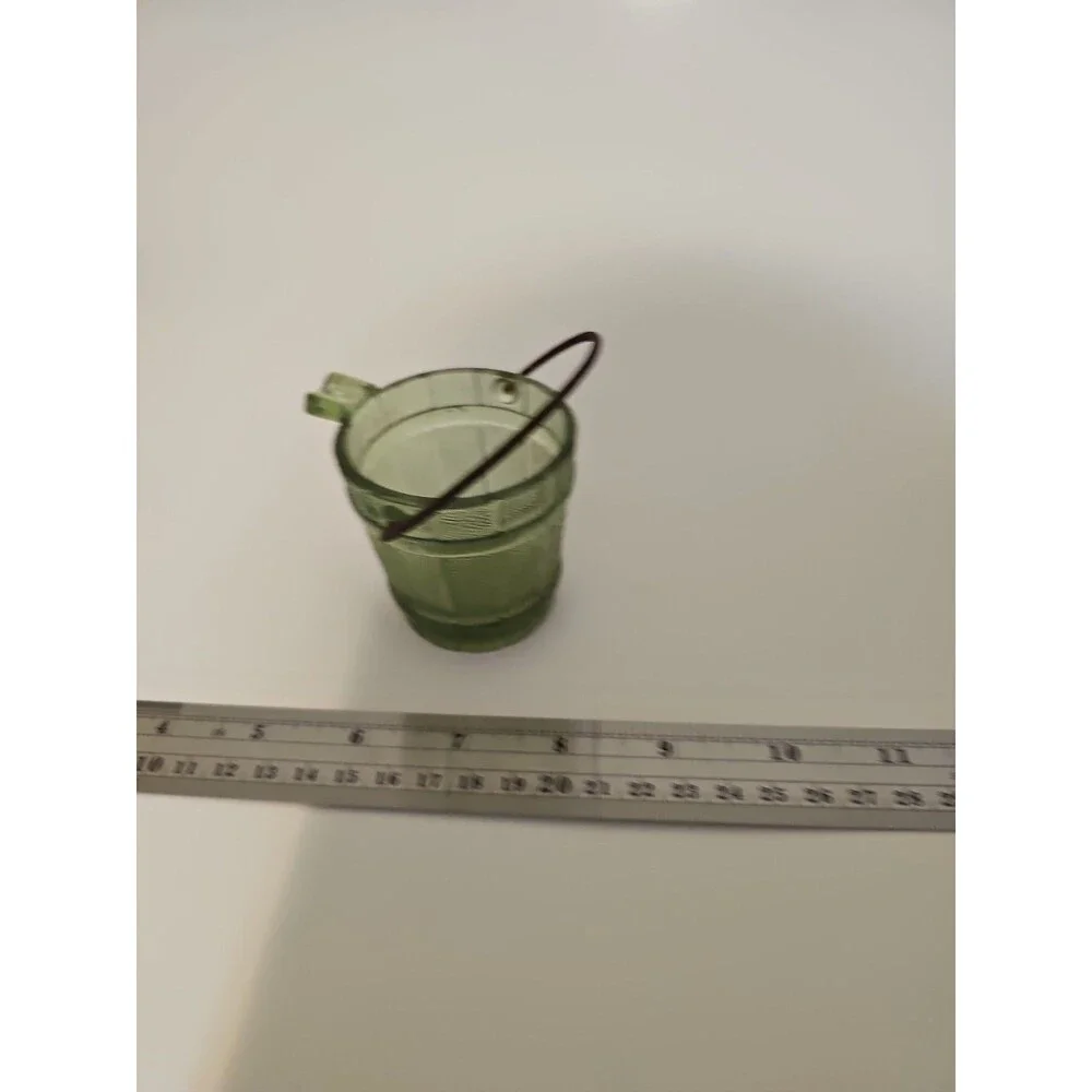 Vintage Hazel Atlas Little Bucket Ashtray With Handle Green Glass 2 3/8”